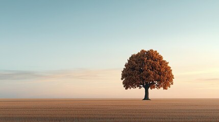 Poster - Lonely tree standing in a vast landscape under a clear sky at sunset.