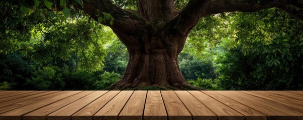 Poster - A large tree with a wooden floor, lush green leaves filling the background.
