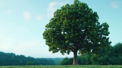 Poster - Green tree standing tall against a clear sky, isolated on a lush landscape.