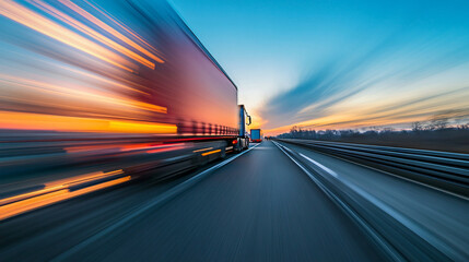Poster - Trucks racing on a highway at dusk, producing a blurred effect that highlights their swift pace