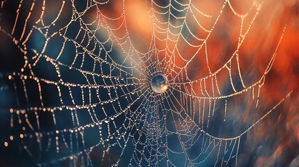 Dew-covered spiderweb at sunrise, intricate details, bokeh background.