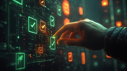Businessman places a check mark, Glowing check mark touch