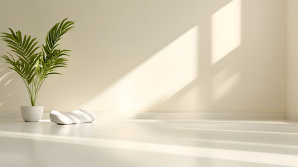 Fototapete - A minimalistic interior featuring a potted plant and soft sunlight casting shadows on a clean, empty floor.