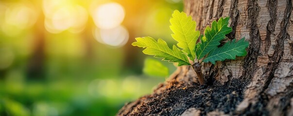 Poster - Close-up of a green leaf emerging from a tree trunk in sunlight.