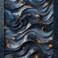 Canvas Print - abstract blue and gold wavy background with 3d spheres and geometric shapes.