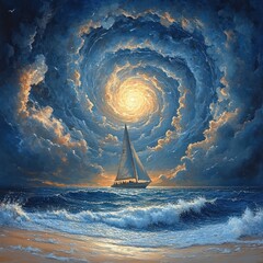 Wall Mural - A sailboat sails towards a swirling vortex of clouds with a bright light at its center.