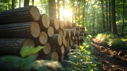 Poster - Sunlight filtering through trees over stacked logs in a serene forest.