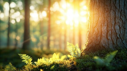 Poster - Sunlight filtering through a forest, illuminating tree trunks and ferns.