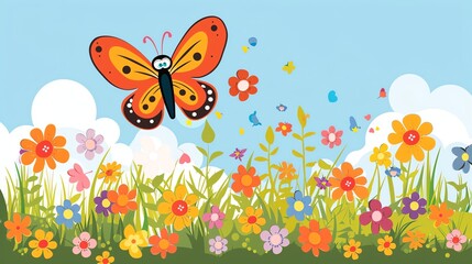 Canvas Print - A cartoon butterfly flies above a field of colorful flowers.