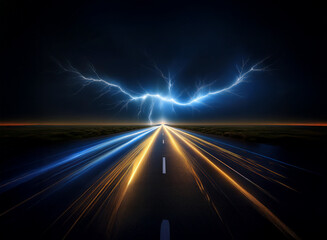 Poster - A long, straight road stretches into the distance under a stormy sky illuminated by streaks of lightning.