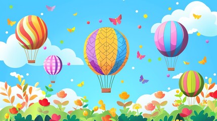 Wall Mural - Cartoon illustration of hot air balloons in a blue sky.