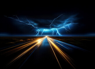 Poster - A long, straight highway illuminated by streaks of lightning and speeding headlights.