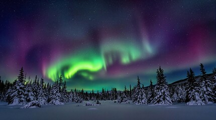 Wall Mural - northern lights above snow trees. winter landscape with mountains and forest. aurora borealis with s
