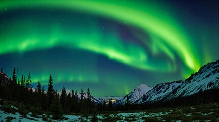 Wall Mural - northern lights above snow trees. winter landscape with mountains and forest. aurora borealis with s
