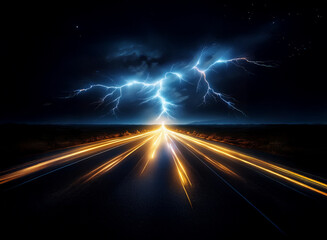 Poster - A deserted highway stretches into the distance as a lightning bolt streaks across the night sky.