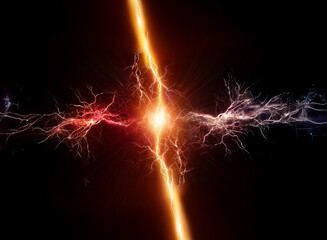 Poster - Two streams of electric energy collide, creating a burst of light in the center.