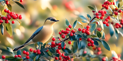 Wall Mural - cedar waxwing bird perched in yaupon holly tree with red berries