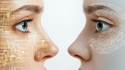 Wall Mural - intricate circuitry reflected in the eyes of two women, a fusion of technology and humanity in futur