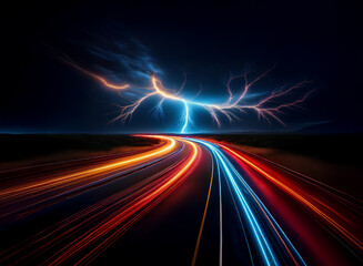 Poster - A winding road with streaks of light from car headlights leading into a dark night sky illuminated by lightning.