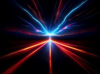 Poster - A long, straight road with red and blue light trails extends into a dark horizon with a glowing light source.
