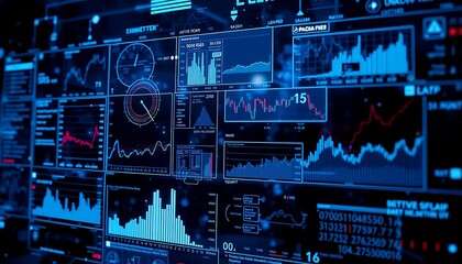 A holographic interface wallpaper displaying various data and graphs, set against a dark, tech-inspired backdrop.