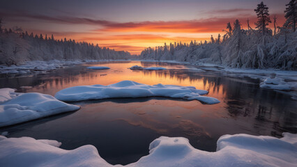 sunset over the winter river
