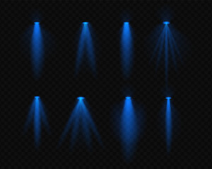 set blue realistic spotlight beams resembling overhead lamps and projector lights with soft glow and