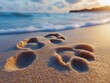 © Suradet Rakha - Puppy Paw Prints in Soft Sand, close-up view on a sunny beach, capturing playful moments and the joy of a day by the shore