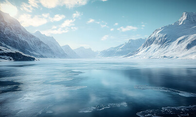 Empty ice surface, frozen mountain lake, winter mountains landscape with copy space