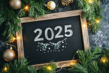 Wall Mural - Decorative chalkboard with 2025 surrounded by festive greenery and ornaments, capturing the holiday spirit