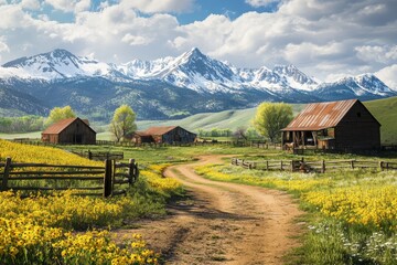 Wall Mural - Scenic mountain ranch with horses, wildflowers, and abandoned barn amidst snow capped peaks