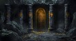 © DesignHubpro - A dark room with stone walls. There is an entrance in the rock that leads to another black hall. A huge stone door with cracks on it. Minimal ancient temple fantasy game concept and studio mockup.