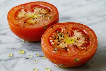 Wall Mural - Organic essential tomato. Fresh, sliced tomatoes sprinkled with olive oil and spices, showcasing their juicy texture and vibrant color on a marble surface.