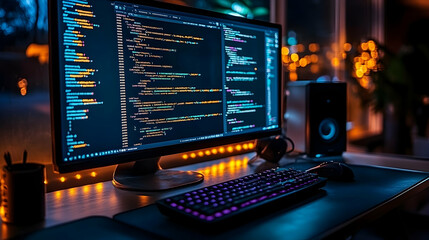 Nighttime Computer Screen Displays Extensive Program Code, Illuminated Keyboard and Mouse Nearby