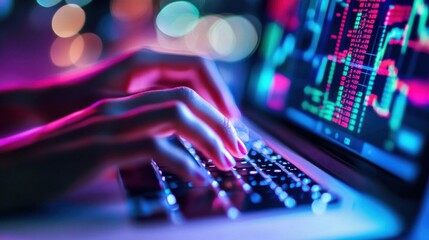 Hands typing on a laptop with stock market analysis on the screen