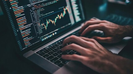 Hands typing on a laptop with stock market analysis on the screen