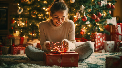 A young woman with a delighted smile, sitting on a plush rug in front of a large, colorful Christmas tree,