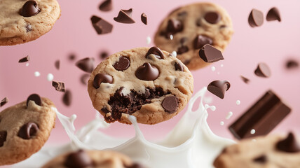 Wall Mural - Chocolate chip cookies falling into a splash of milk, surrounded by flying chocolate drops, against a soft pastel blue background