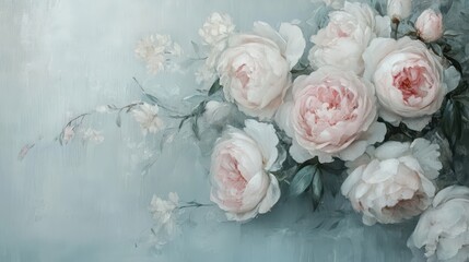 Wall Mural - Muted pink blooms over a textured vintage light blue wallpaper design