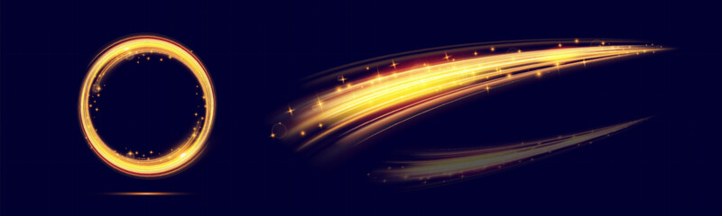 Aufkleber - A vibrant, glowing light trail or streak in a golden yellow hue with sparkling highlights on a dark background. This abstract, magical design has a smooth, curved flow with bright shimmering .