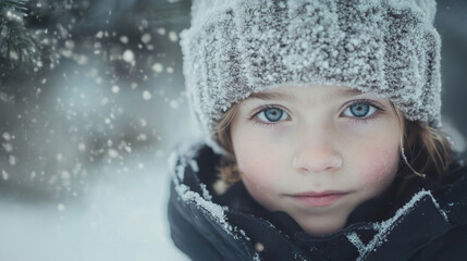 Wall Mural - A child enjoying a snowy day outdoors, bundled up warmly in a winter coat and hat, surrounded by falling snowflakes