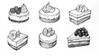 © KerXing - A collection of six detailed black and white cake illustrations showcasing different styles and toppings.
