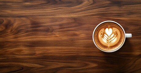 Wall Mural - Cappuccino coffee with latte art on a wooden table, top view, flat lay background. Generative AI