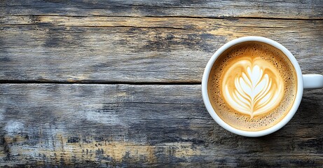 Wall Mural - Cappuccino coffee with latte art on a wooden table, top view, flat lay background. Generative AI