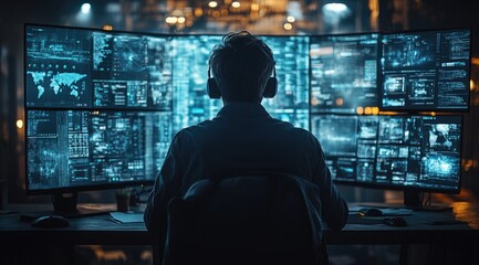 A hacker or programmer sitting at a desk in front of multiple computer monitors displaying data and code.
