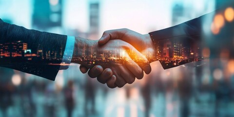 Poster - In an urban setting, a professional handshake symbolizes a pivotal business partnership, showcasing essential values like collaboration, trust, and strategic ambition that drive growth and innovation