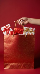 Wall Mural - female hand holding large red festive bag with wrapped  gifts on red background