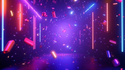 Wall Mural - Vibrant new year's party background with flying neon confetti in shades of purple, red, and blue, creating a festive and colorful atmosphere for celebrations, parties, and holiday events