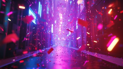 Wall Mural - vibrant new year's party background with flying neon confetti in shades of purple, red, and blue, cr