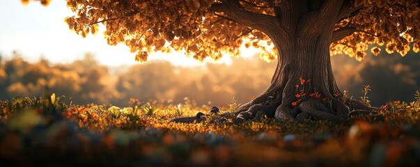 Wall Mural - Majestic tree with golden leaves in a serene autumn landscape.